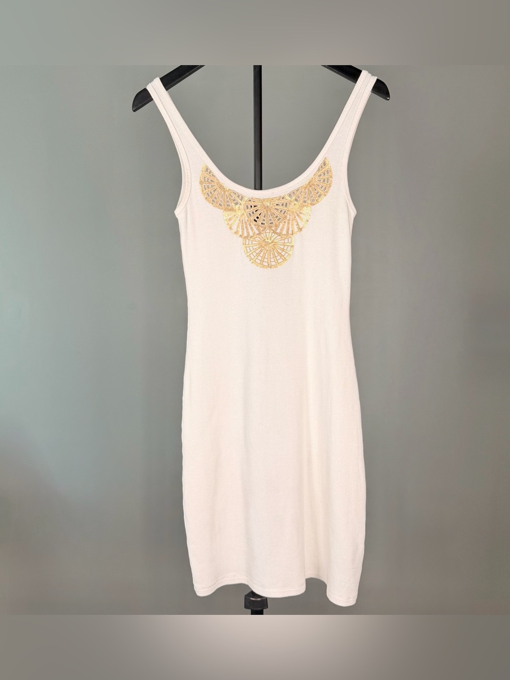 Vintage Y2K Moda International White Ribbed Gold Sequin Tank Dress Small Boho
